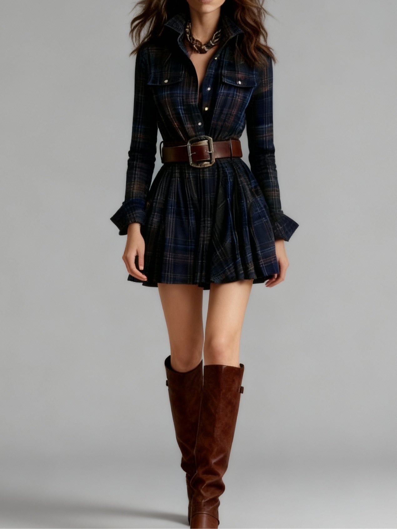Vintage Lapel Red and Brown Plaid Mini Dress（Includes belt）-thevervian
