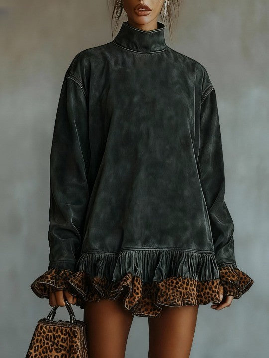 Turtleneck suede leopard print paneled hem mini dress-thevervian