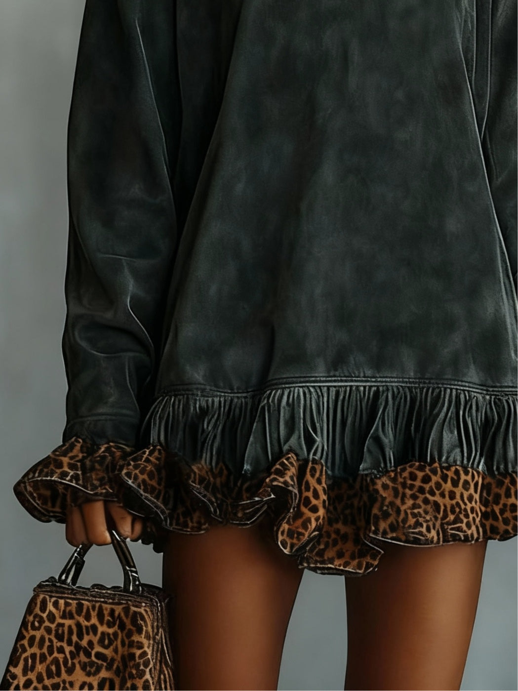 Turtleneck suede leopard print paneled hem mini dress-thevervian