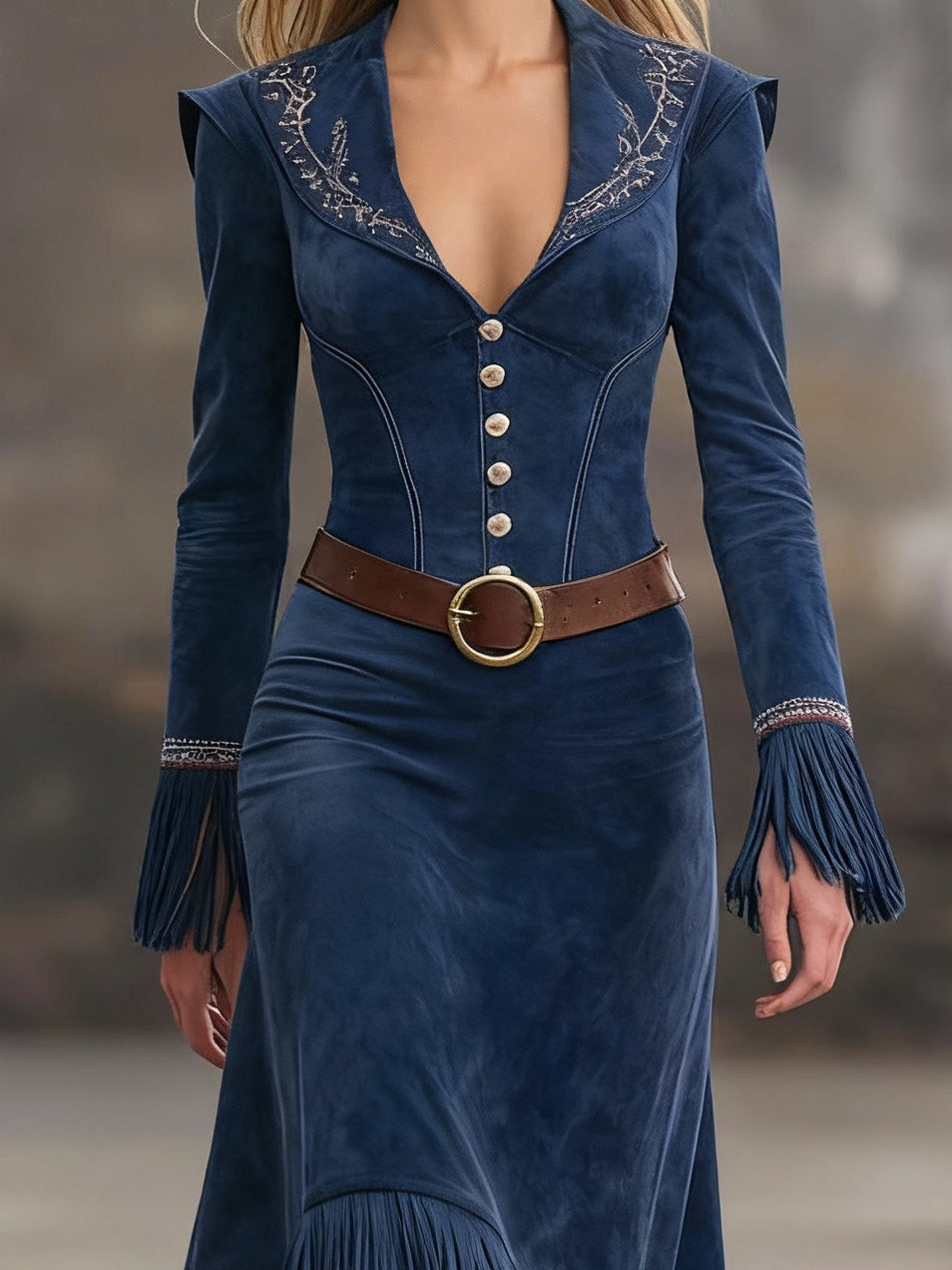 Retro Embroidered Dark Blue Faux Suede Tassel Maxi Dress（Includes belt）-thevervian