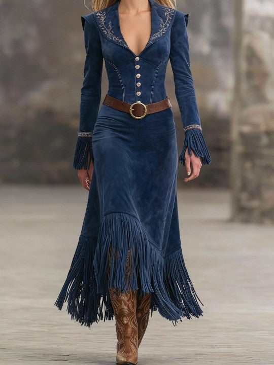 Retro Embroidered Dark Blue Faux Suede Tassel Maxi Dress（Includes belt）-thevervian