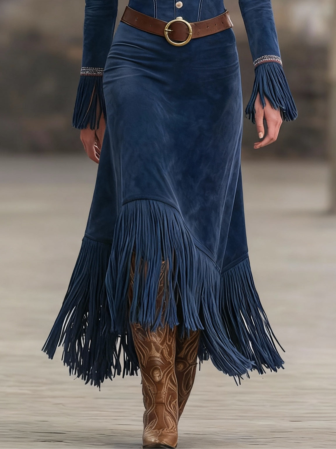 Retro Embroidered Dark Blue Faux Suede Tassel Maxi Dress（Includes belt）-thevervian