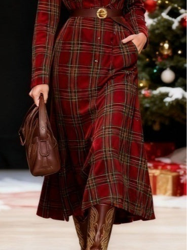 Christmas red plaid collar button-down shirt dress（Includes belt）-thevervian