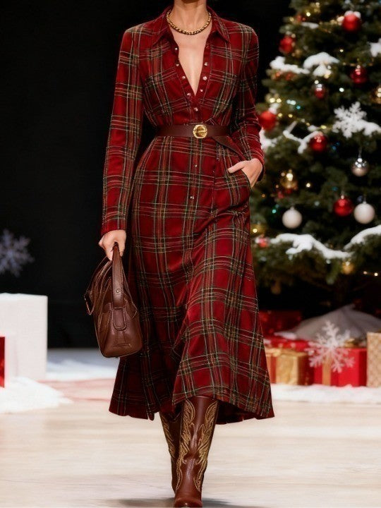 Christmas red plaid collar button-down shirt dress（Includes belt）-thevervian