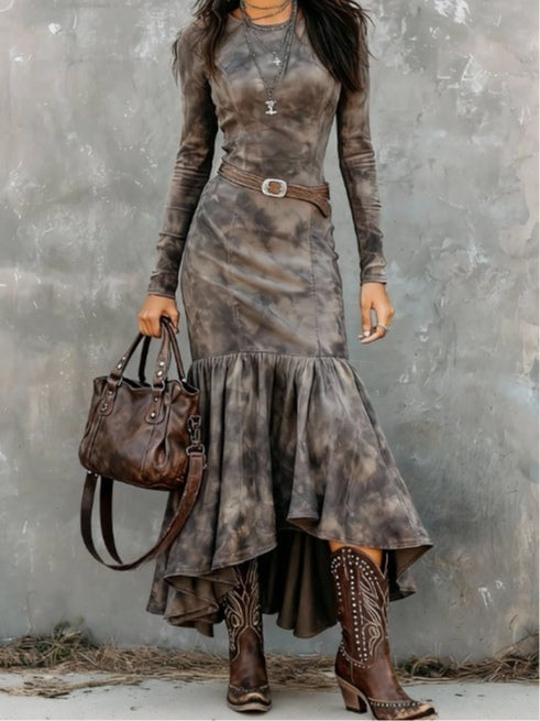 Vintage Polyester Flare Hem Midi Dress（Includes belt）-thevervian