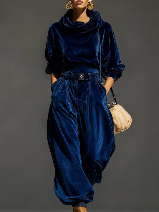 Vintage brown velvet hoodie and loose-fitting trousers set（Includes belt）-thevervian
