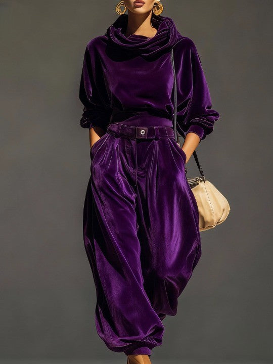 Vintage brown velvet hoodie and loose-fitting trousers set（Includes belt）-thevervian