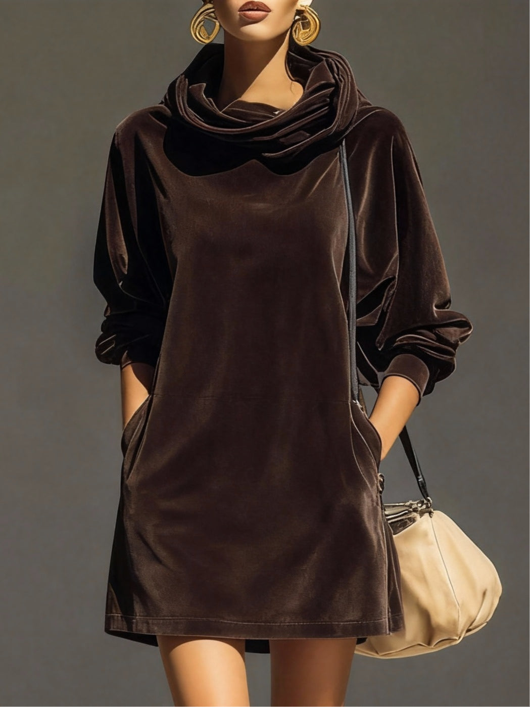 Vintage brown velvet hoodie, loose mini dress-thevervian