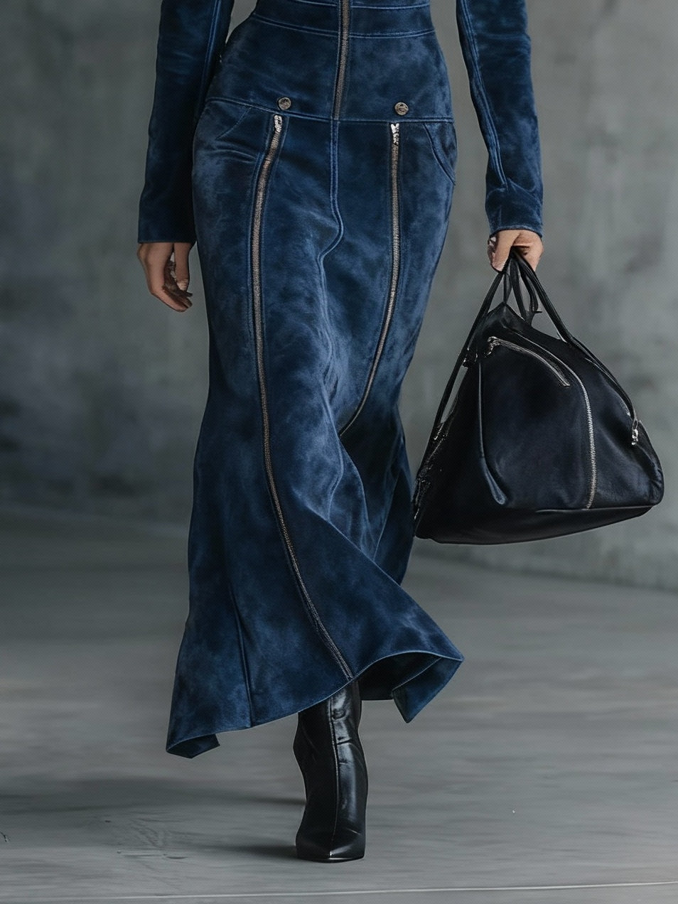 Western-style stand-up collar front zipper faux suede maxi dress-thevervian