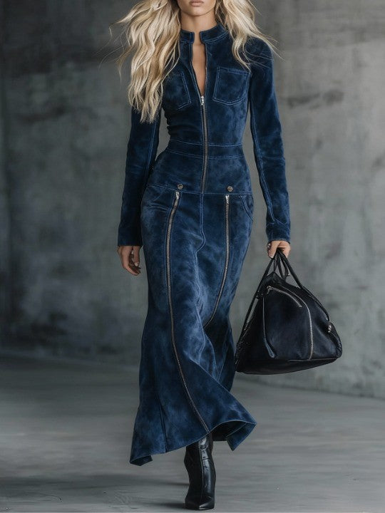 Western-style stand-up collar front zipper faux suede maxi dress-thevervian
