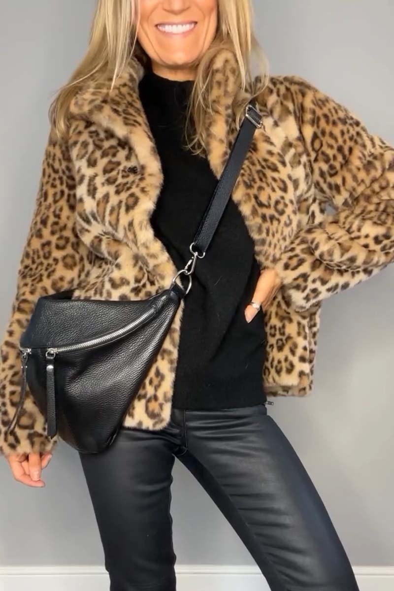 Leopard Print Collar Faux Fur Short Coat-thevervian