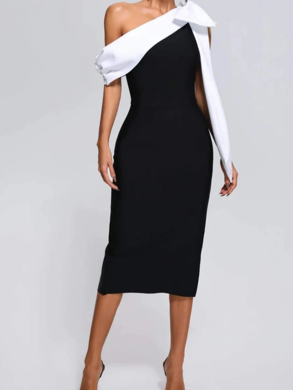 Contrast color stitching bow one shoulder dress-thevervian