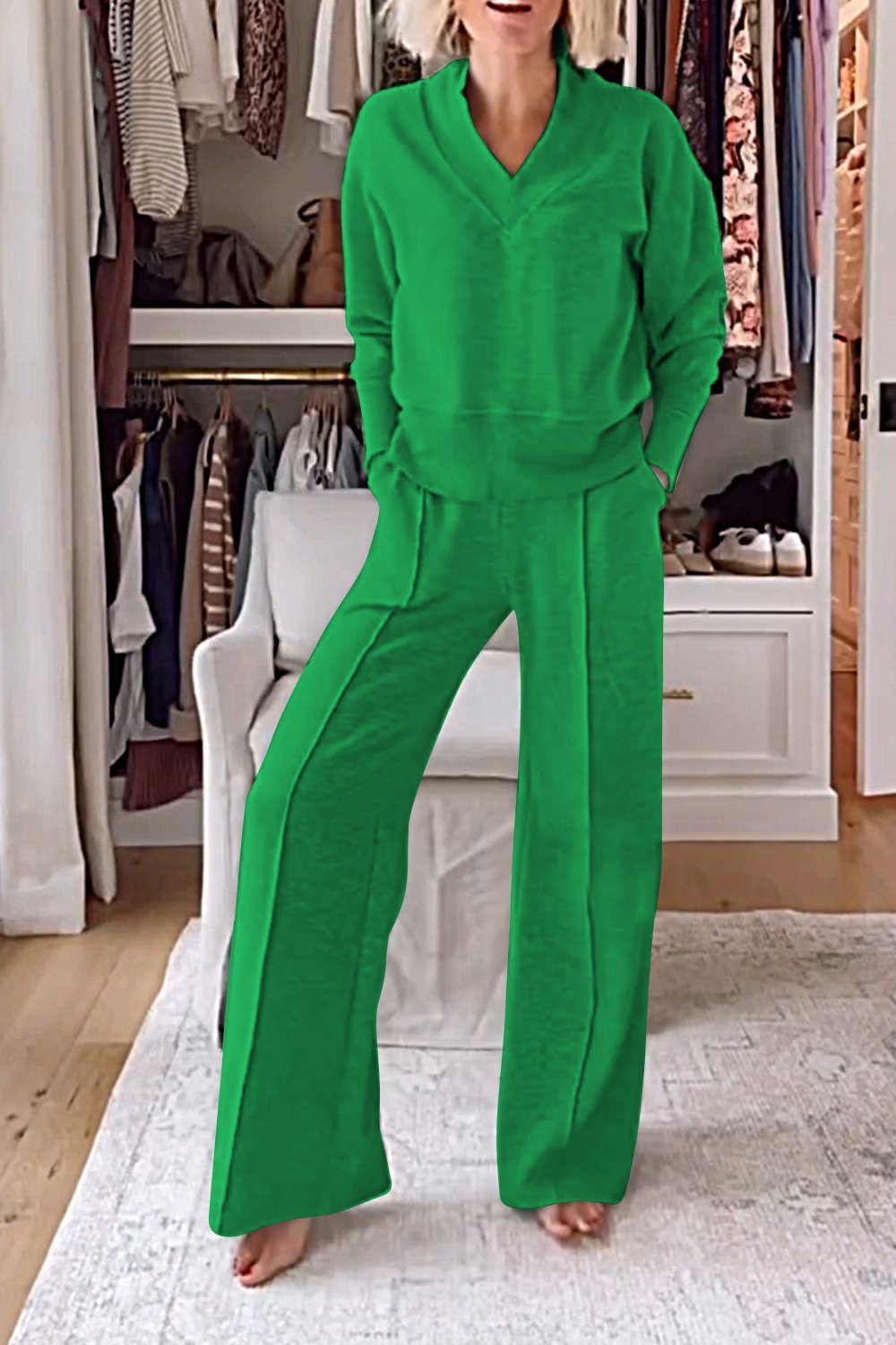 Solid Color V-neck Top & Pants Two-piece Set-thevervian
