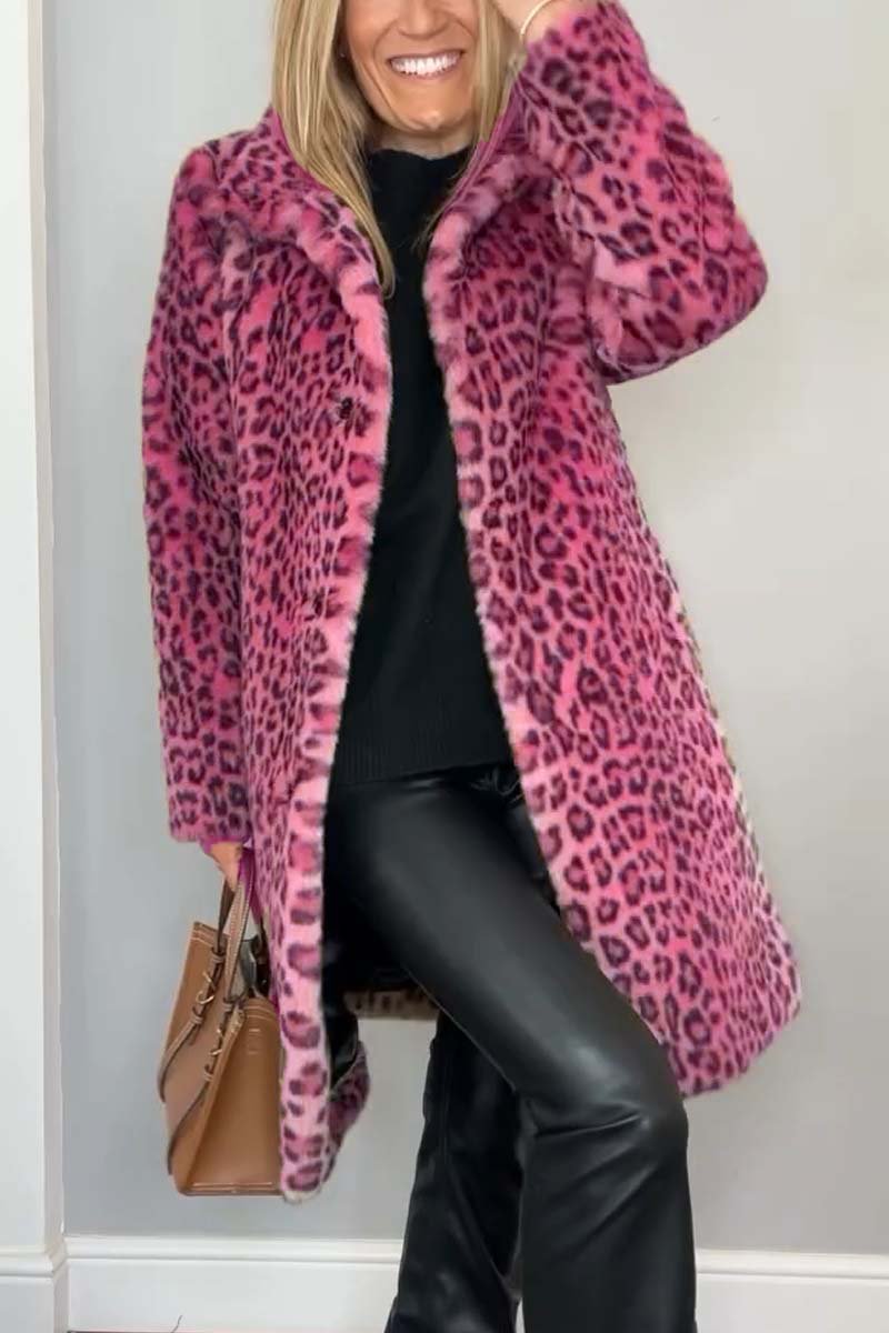 Stylish Leopard Print Lapel Faux Fur Mid-length Coat-thevervian