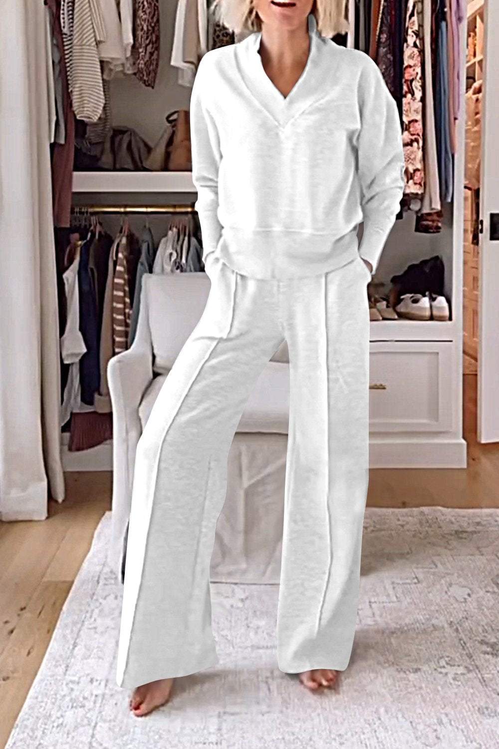 Solid Color V-neck Top & Pants Two-piece Set-thevervian