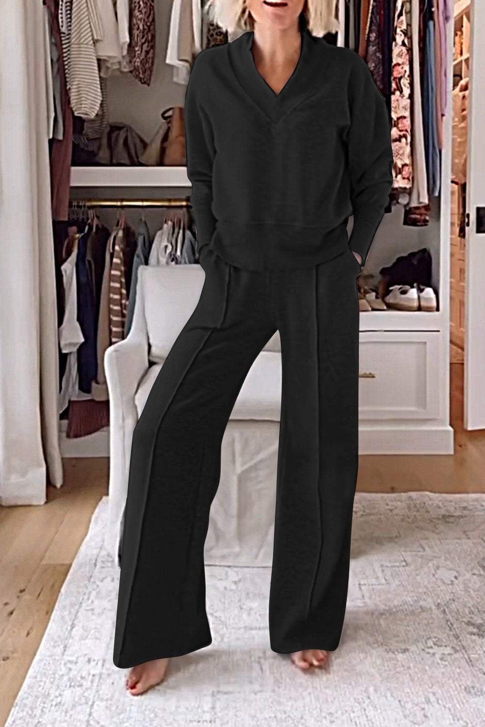 Solid Color V-neck Top & Pants Two-piece Set-thevervian