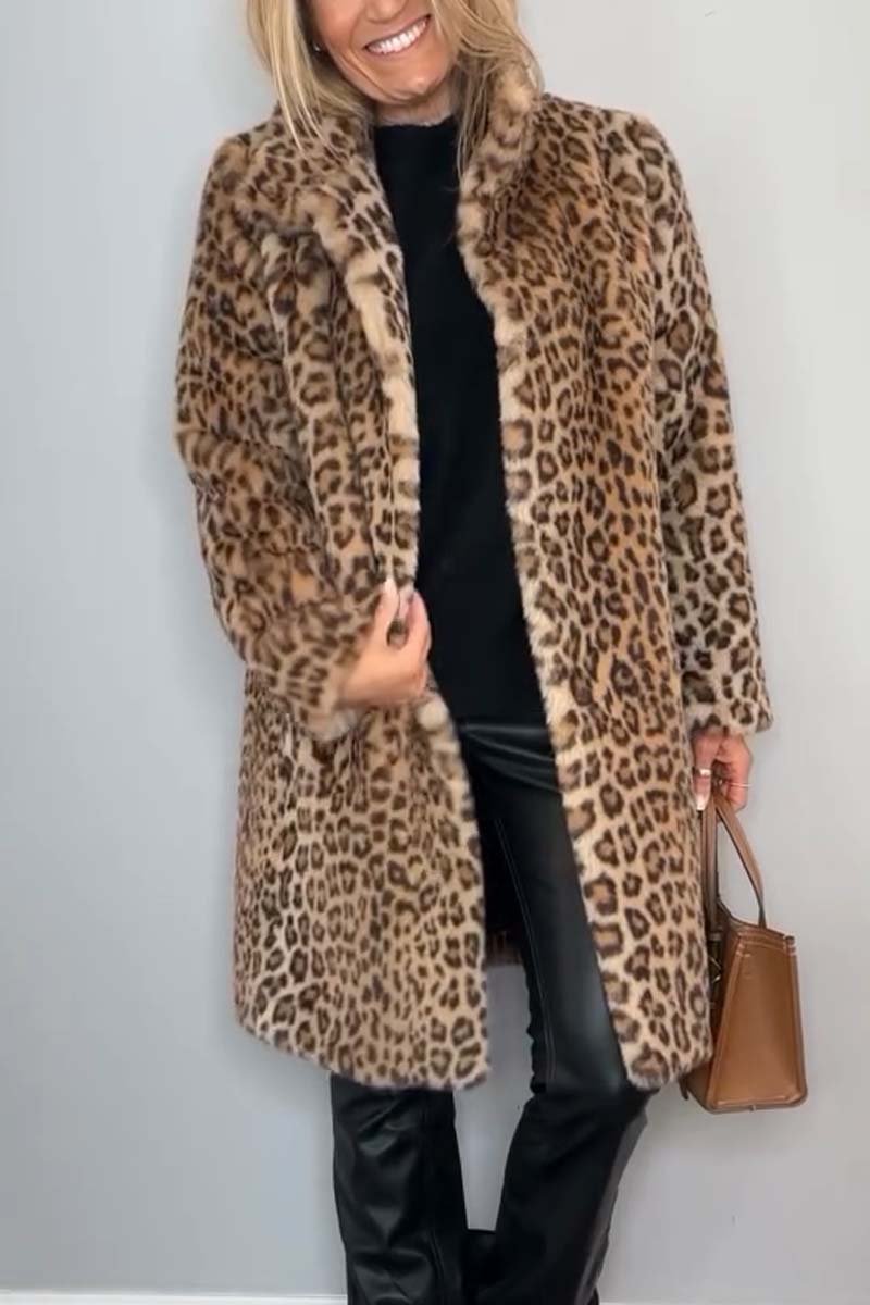 Stylish Leopard Print Lapel Faux Fur Mid-length Coat-thevervian