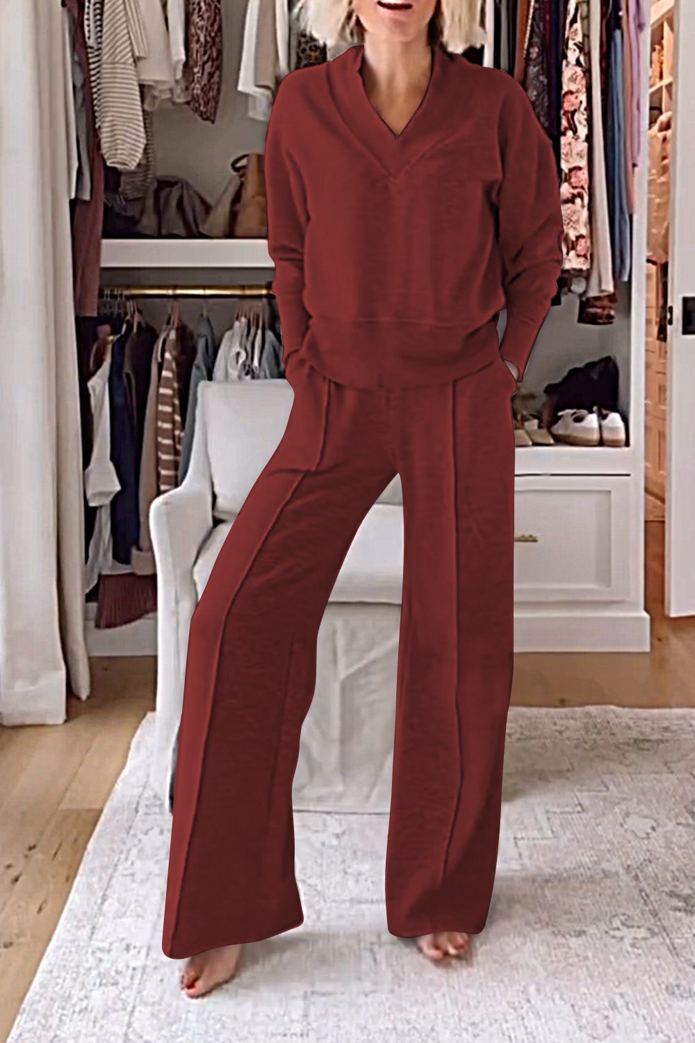 Solid Color V-neck Top & Pants Two-piece Set-thevervian