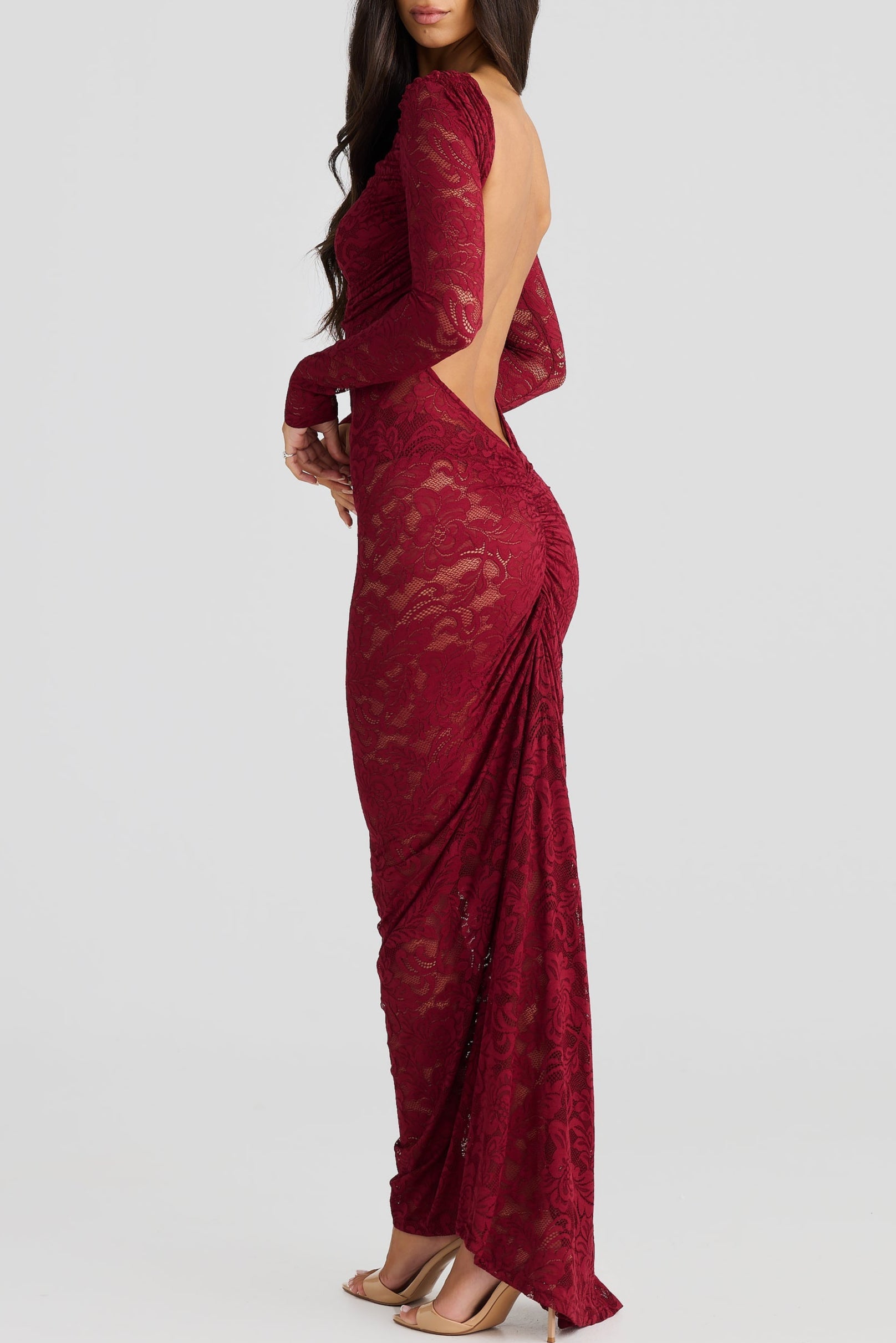 Hollowed Lace Long Sleeved Backless Maxi Dress-thevervian