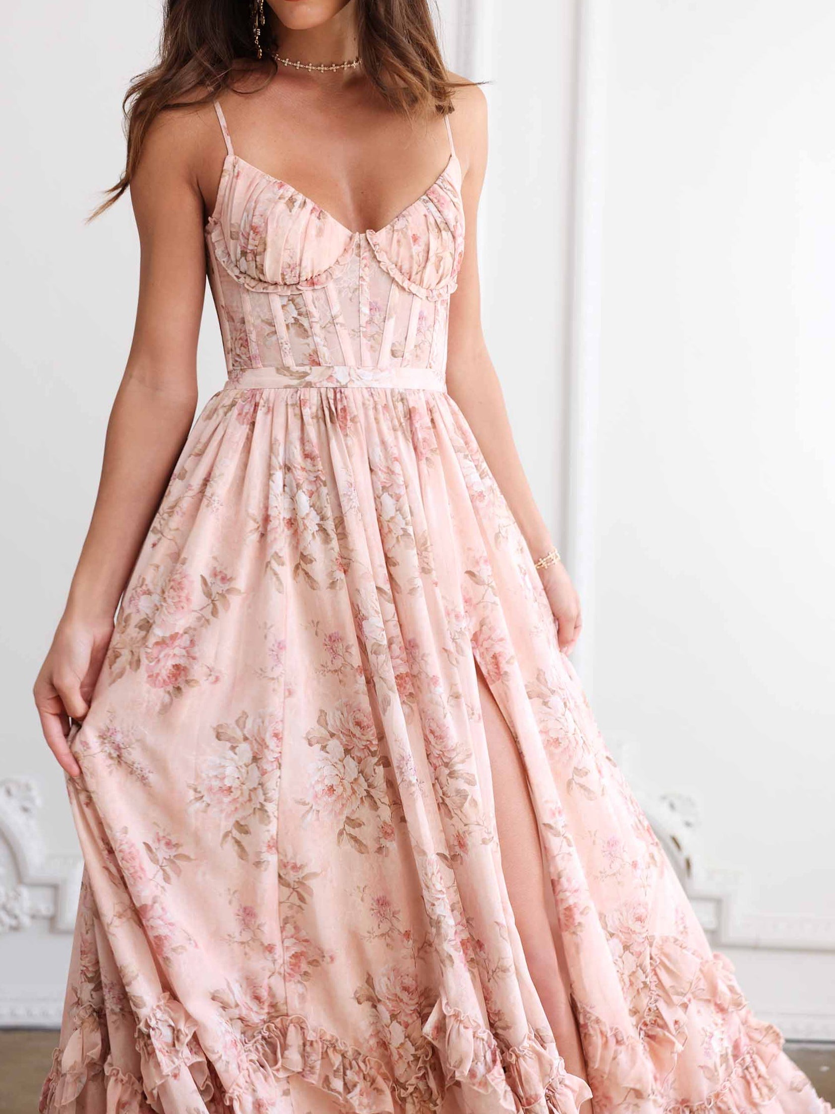 Floral Frill Split Maxi Dress-thevervian