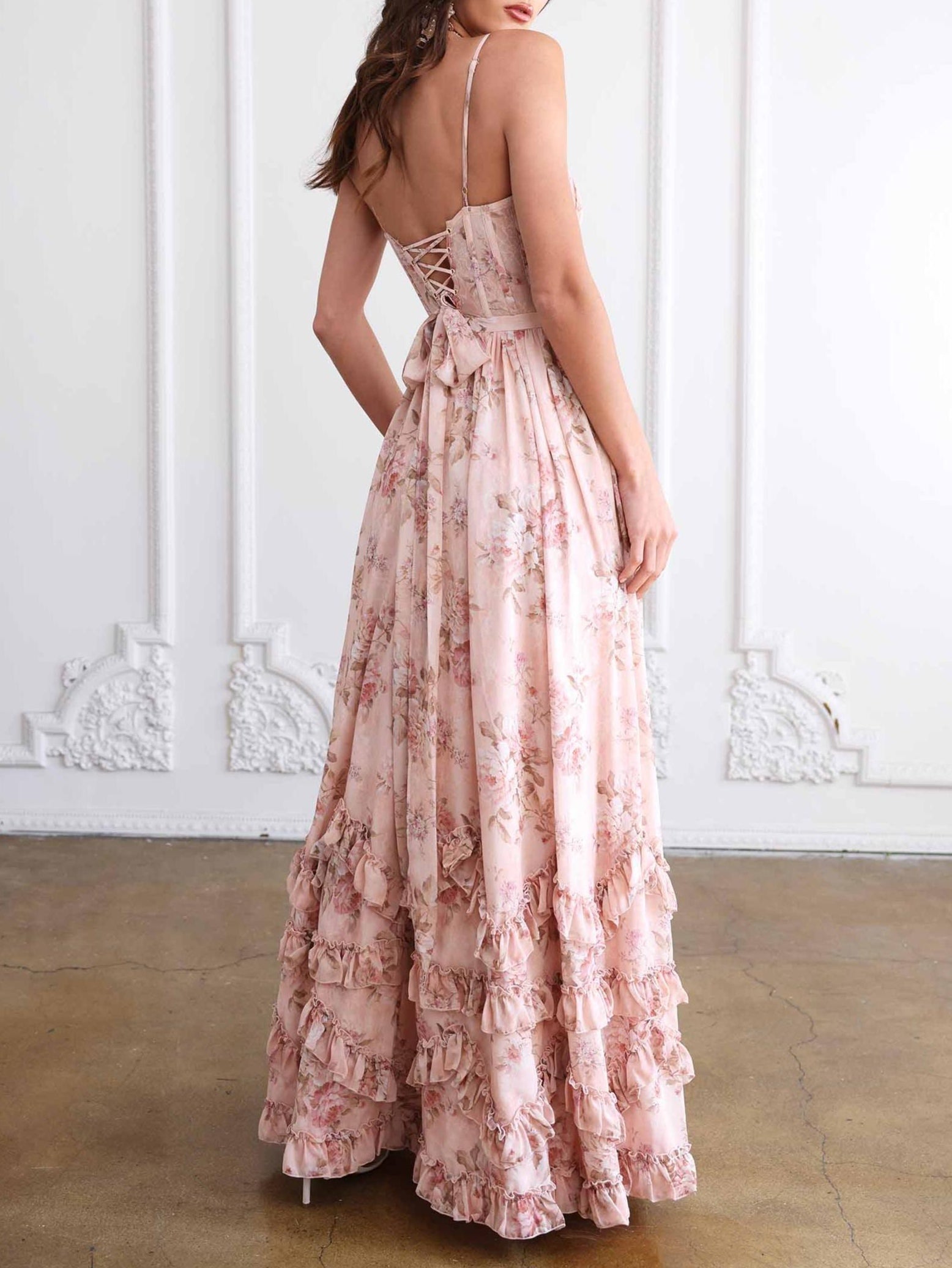 Floral Frill Split Maxi Dress-thevervian