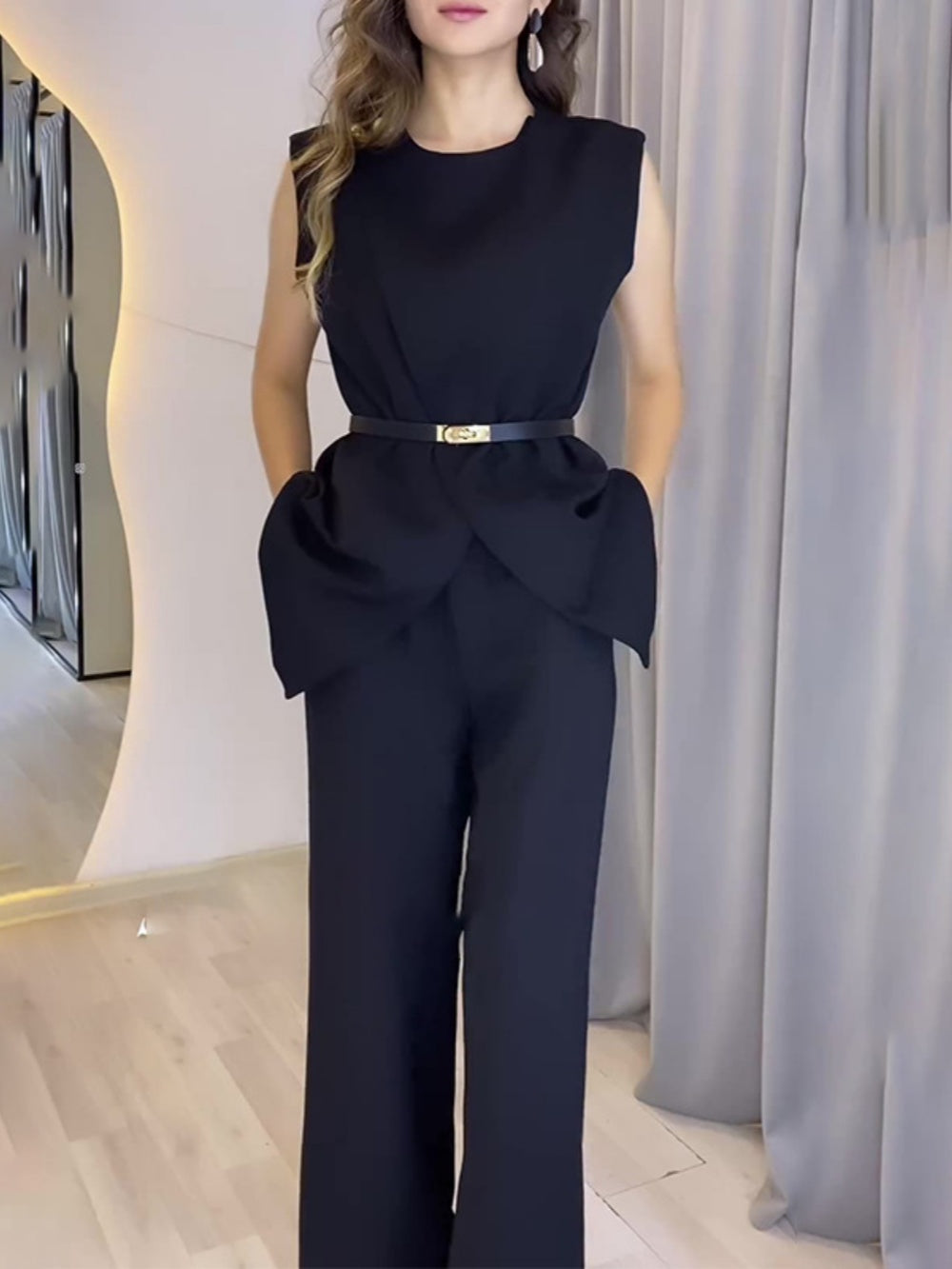 Round neck sleeveless top and wide-leg pants suit-thevervian