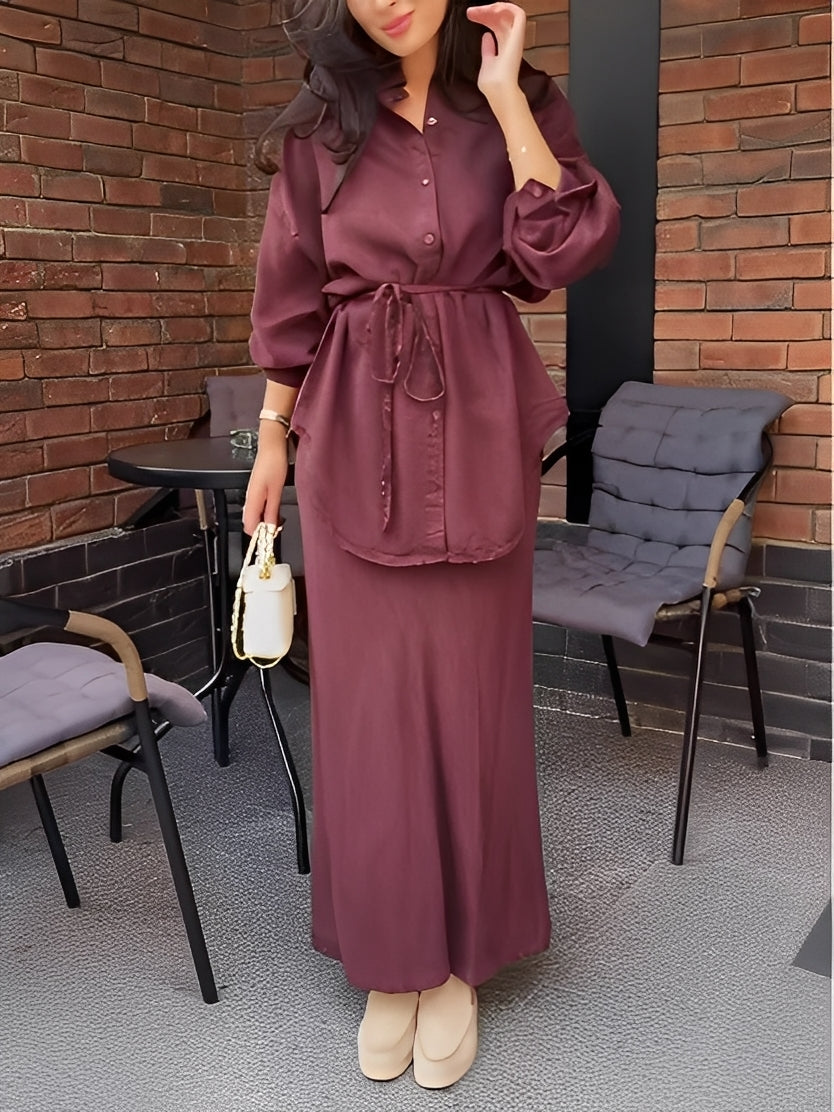 Long-sleeved Tie-Drawstring Shirt and Skirt Set-thevervian