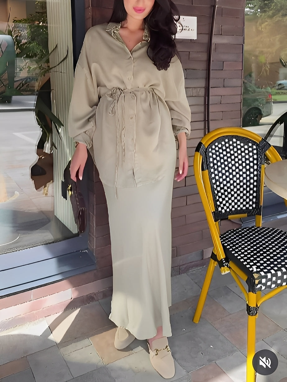 Long-sleeved Tie-Drawstring Shirt and Skirt Set-thevervian