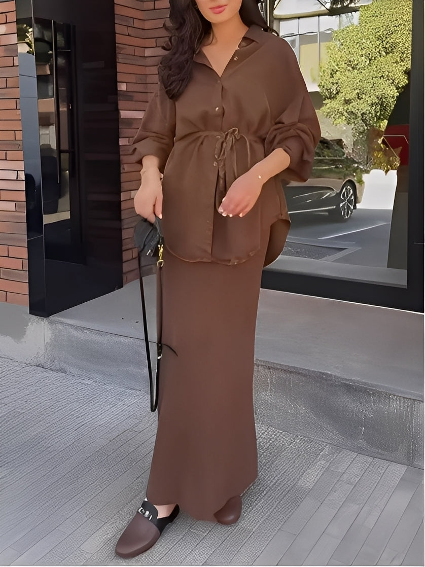 Long-sleeved Tie-Drawstring Shirt and Skirt Set-thevervian