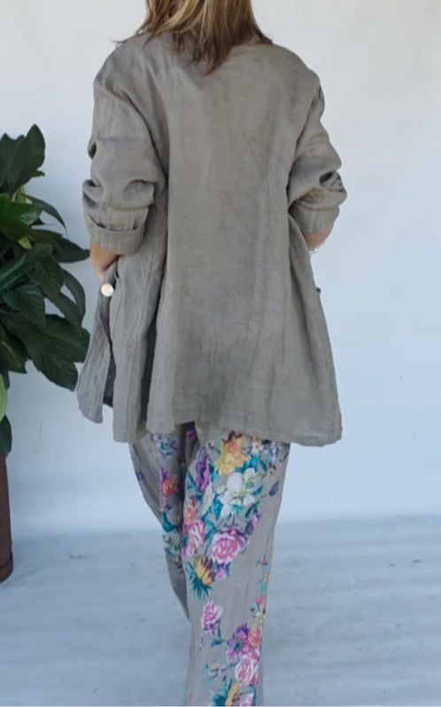 Green jacket and floral print wide-leg pants set-thevervian