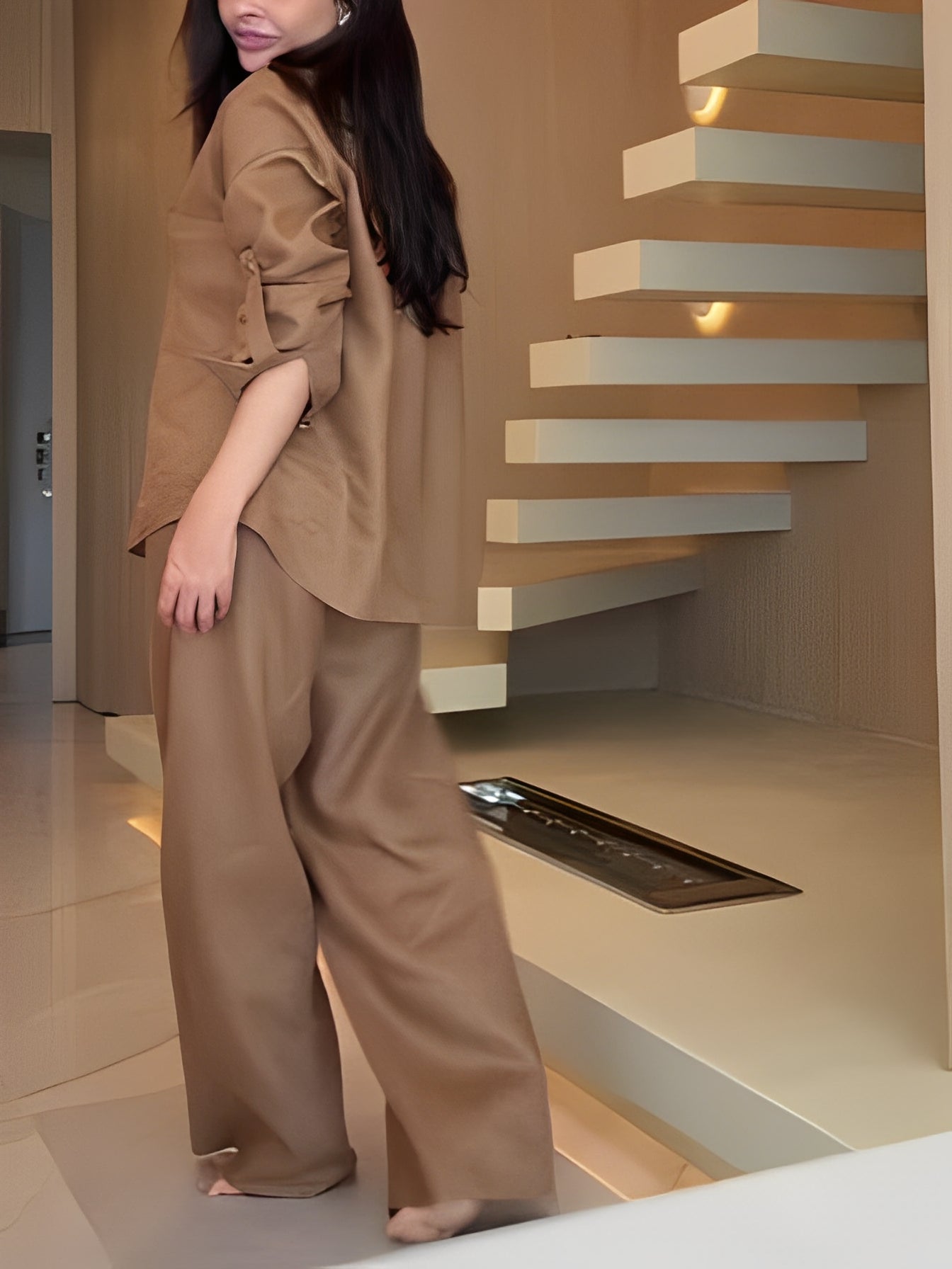 Brown long-sleeved shirt and trousers suit-thevervian