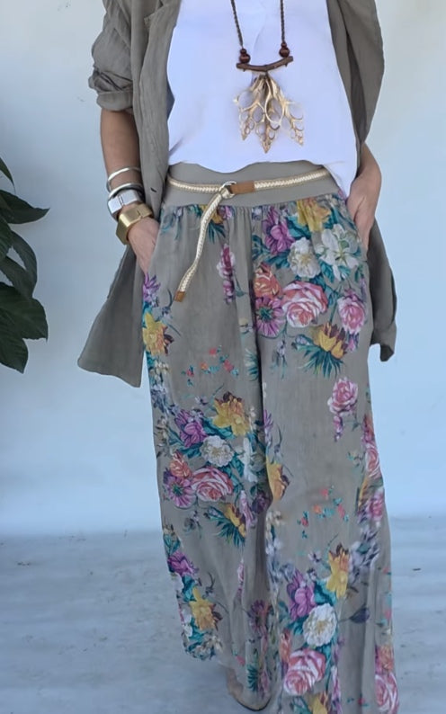 Green jacket and floral print wide-leg pants set-thevervian