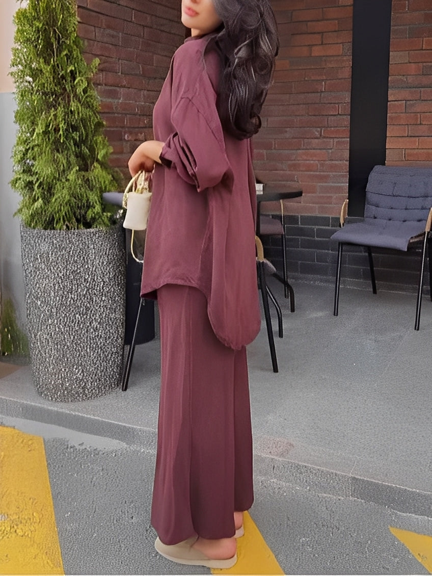 Long-sleeved Tie-Drawstring Shirt and Skirt Set-thevervian