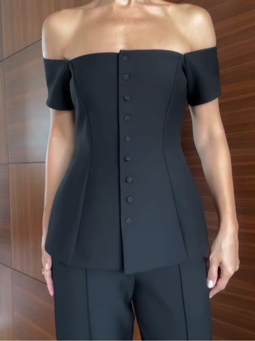 Off-shoulder short-sleeved button-down vest suit-thevervian