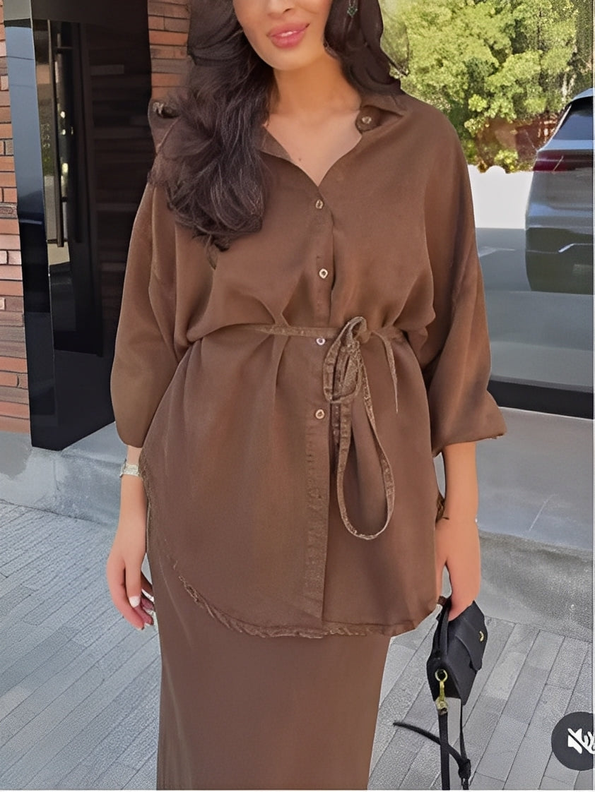 Long-sleeved Tie-Drawstring Shirt and Skirt Set-thevervian