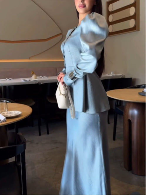 Round Neck Button Puff Sleeve Skirt Suit-thevervian