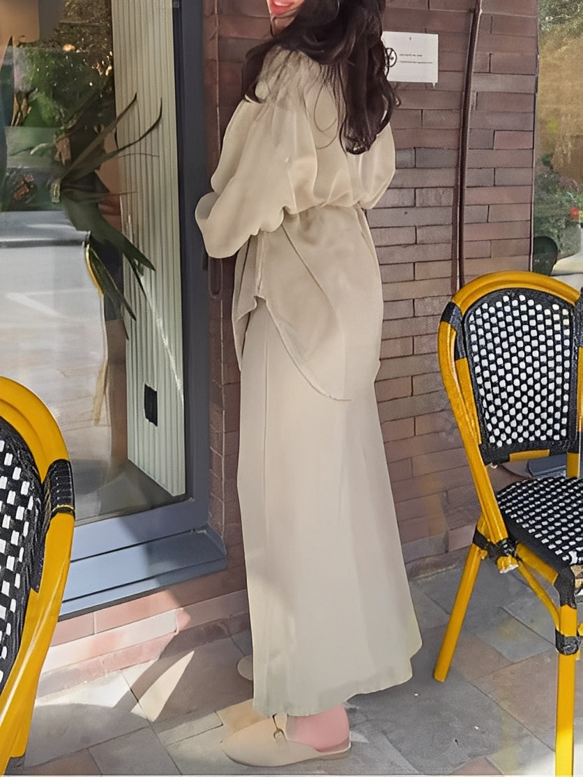 Long-sleeved Tie-Drawstring Shirt and Skirt Set-thevervian