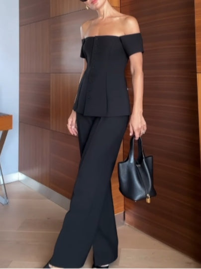 Off-shoulder short-sleeved button-down vest suit-thevervian