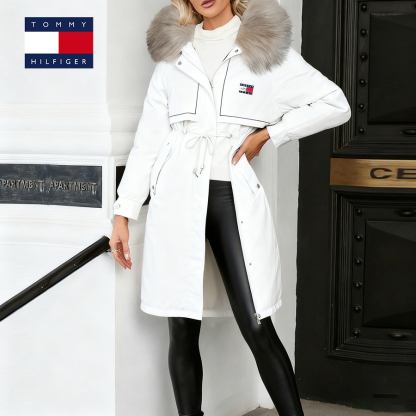 Mid-length zip-up down jacket with fur collar
