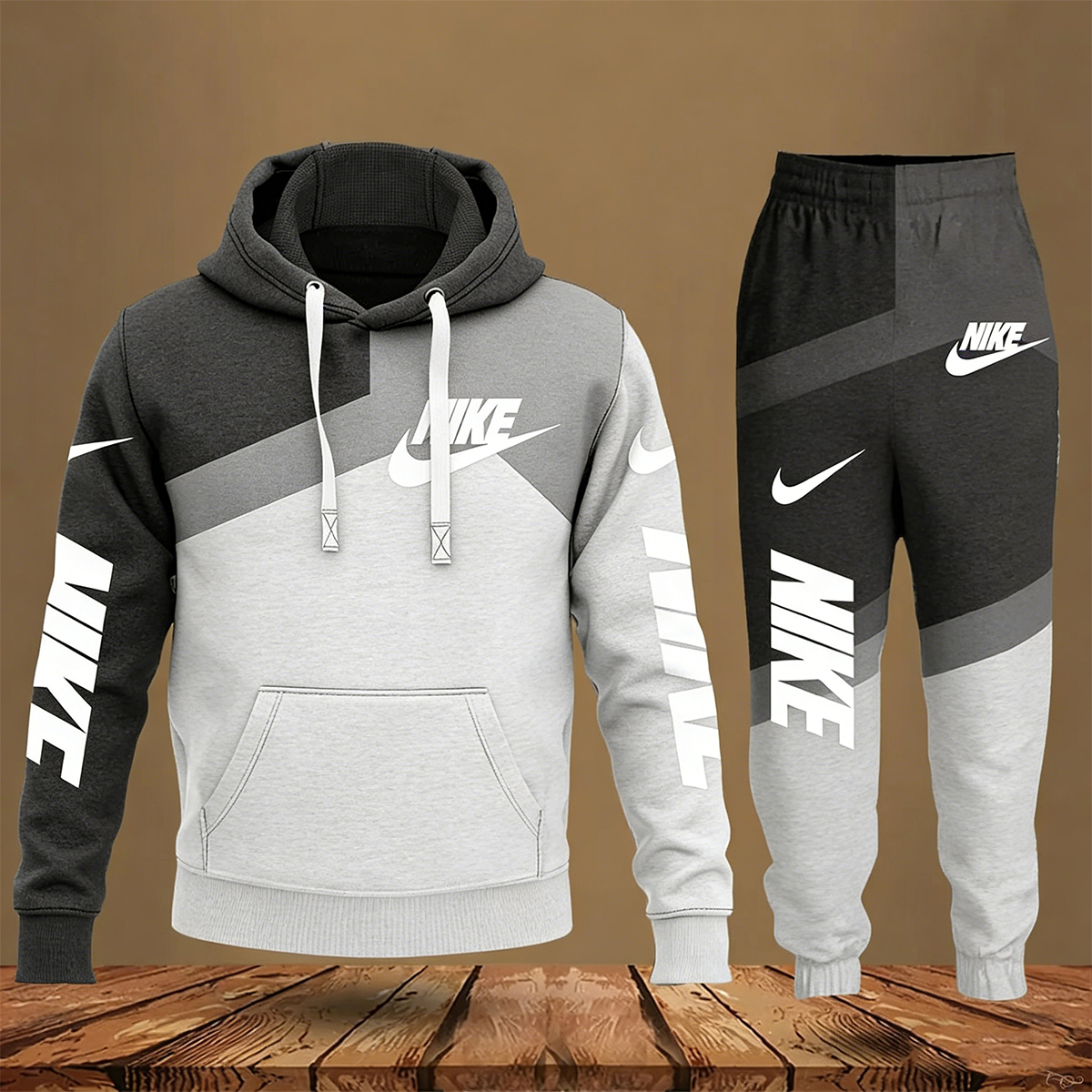 Black White Grey Hoodie Long Pants Set For Men