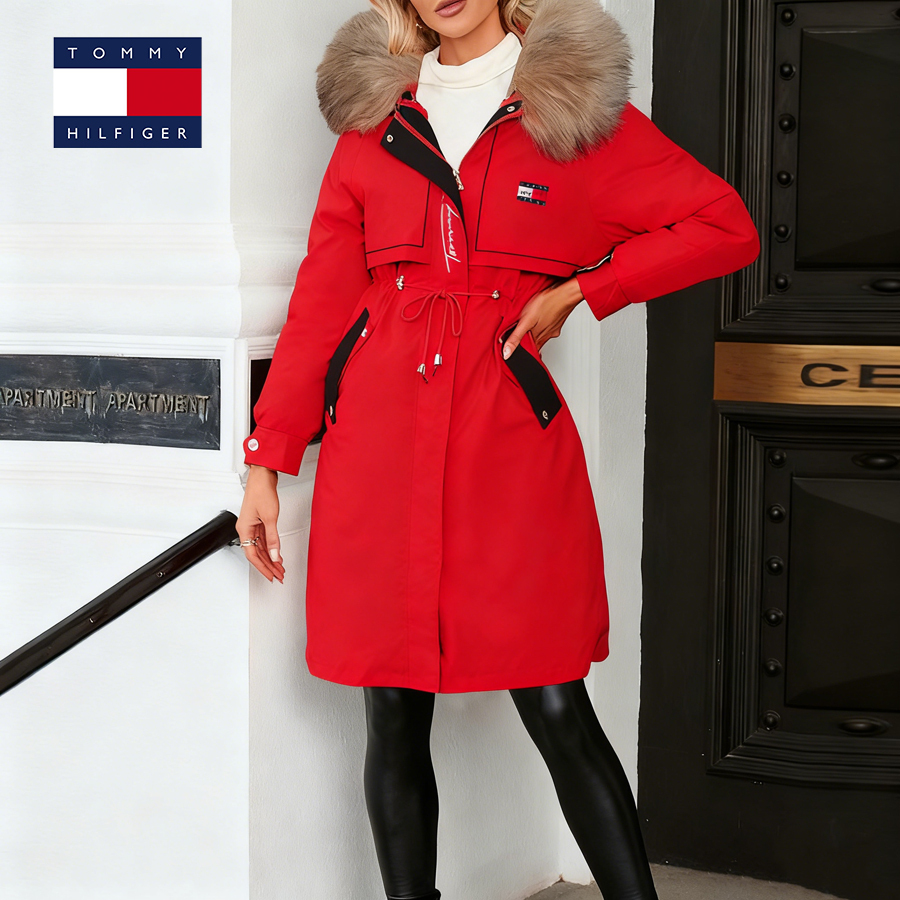 Mid-length zip-up down jacket with fur collar