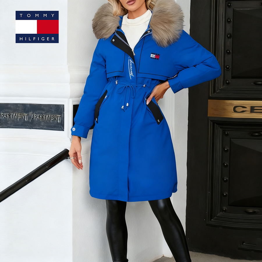 Mid-length zip-up down jacket with fur collar