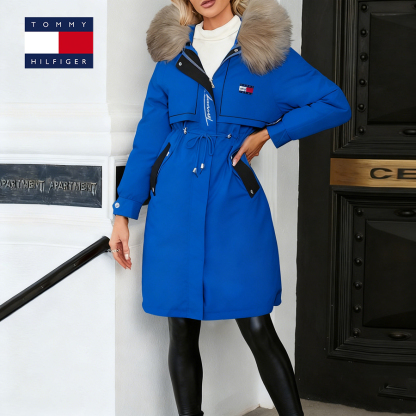 Mid-length zip-up down jacket with fur collar