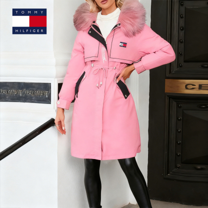 Mid-length zip-up down jacket with fur collar