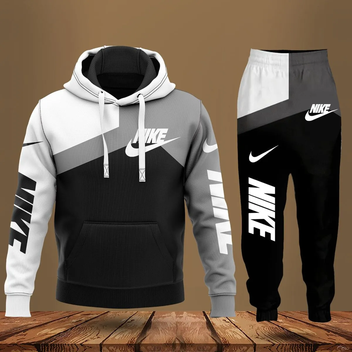 Black White Grey Hoodie Long Pants Set For Men