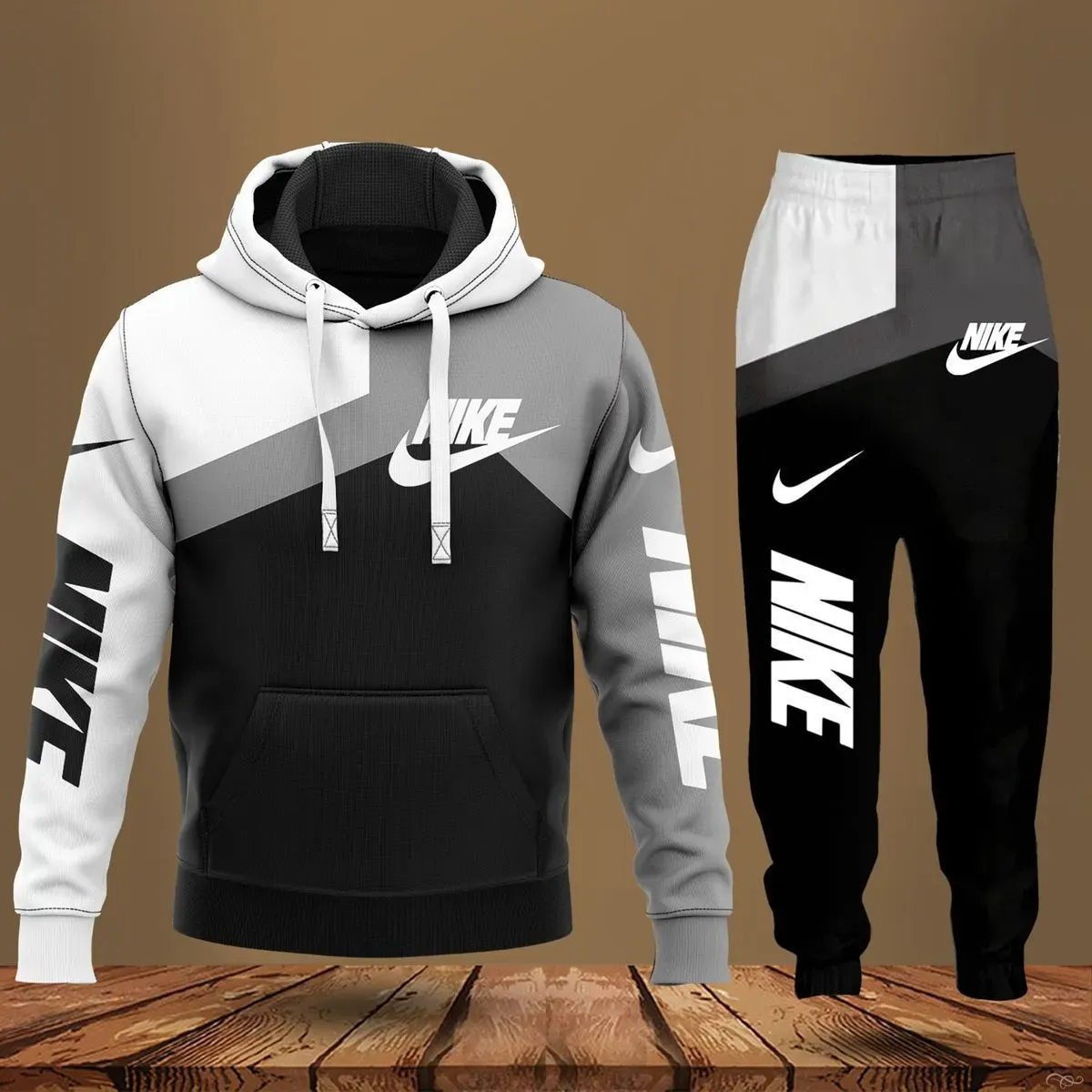 Black White Grey Hoodie Long Pants Set For Men