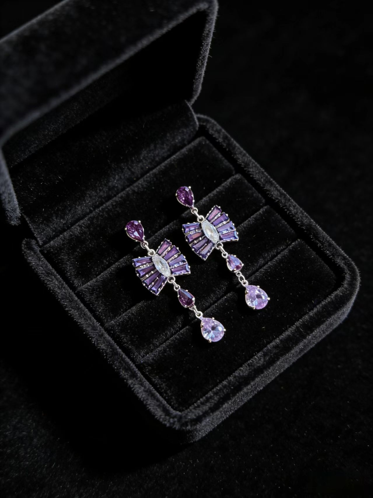 Purple Fan Bow Drop Earrings