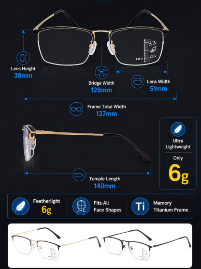 Titanium Frame Photochromic Multifocal Reading Glasses
