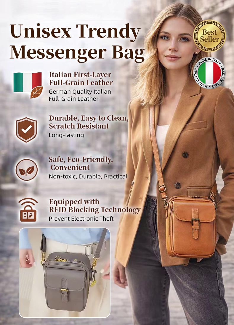 Unisex Trendy Messenger Bag, 100% Italian Leather, handcrafted vintage style. 