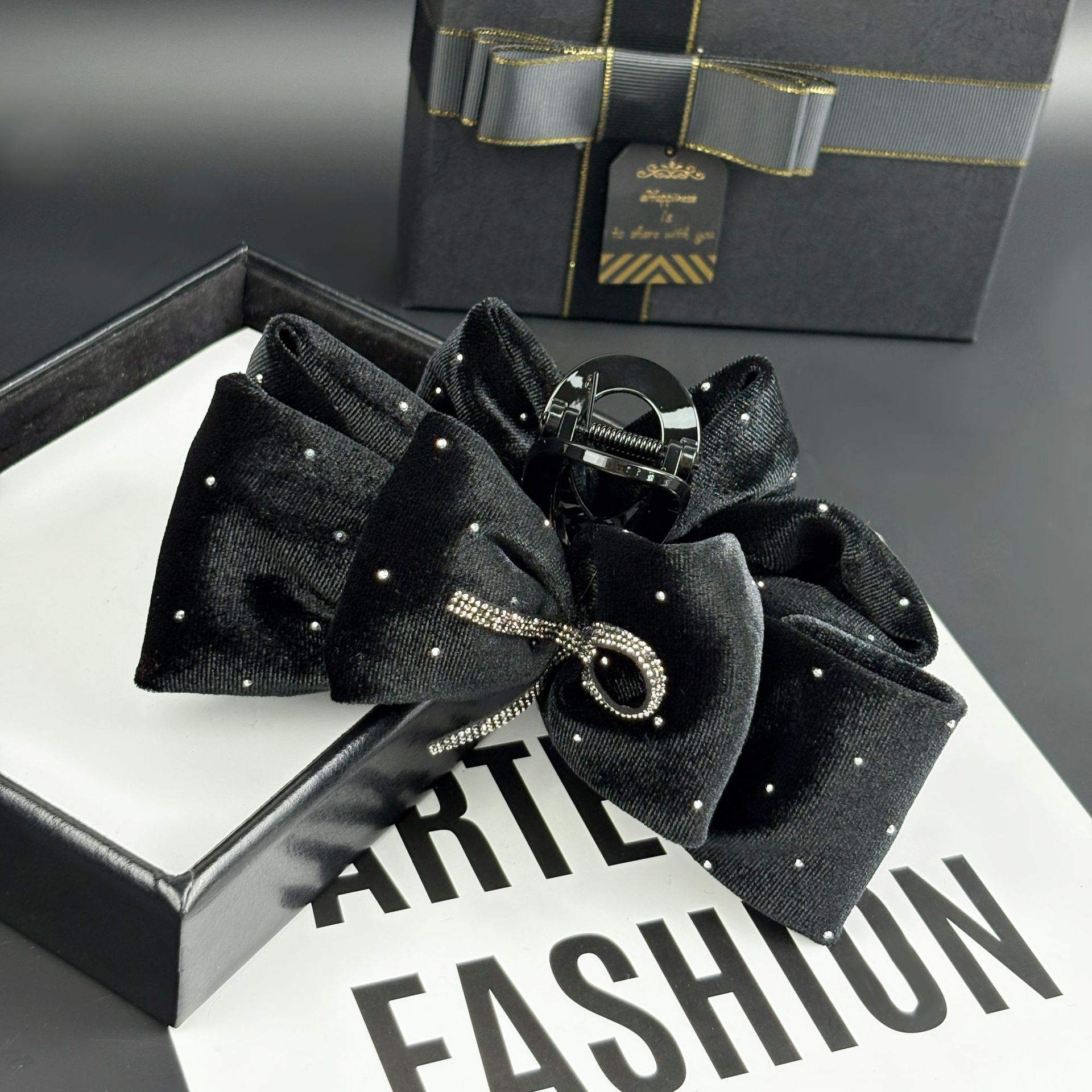 Velvet Black Bow Hair Clip High-End Grabber Female Large New Year Red Shark Clip Headwear